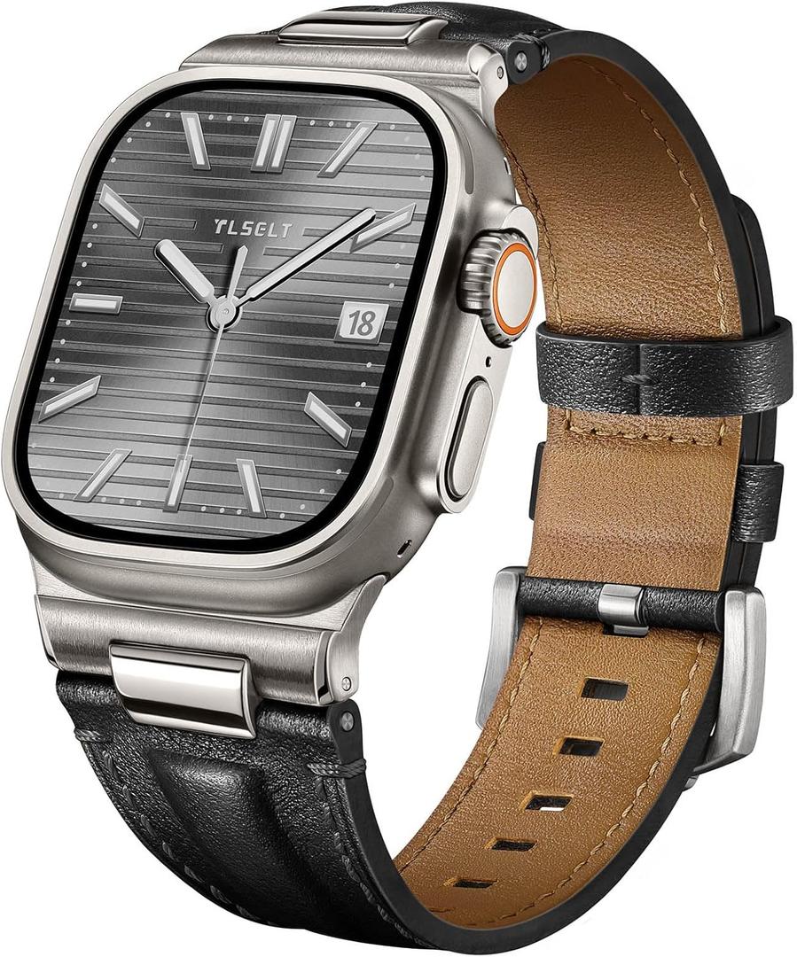 Leather Band for Apple Watch Ultra 3/Ultra 2 Bands 49mm 46mm 45mm 44mm, Top Genuine Leather Designer Replacement Strap for iWatch Ultra 3 2 1 SE series 11 10 9 8 7 6 5 4 3 (Sliver - Classic Black)