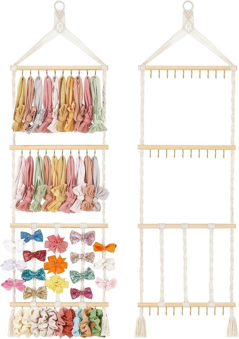 Mkono Headband Holder Boho Hair Bow Organizer for Girls Macrame Bow Hanger with 30 Hooks Bow Holder for Nursery Baby's Room Hair Accessories Organizer Wall Hanging Decor for Bedroom Bathroom
