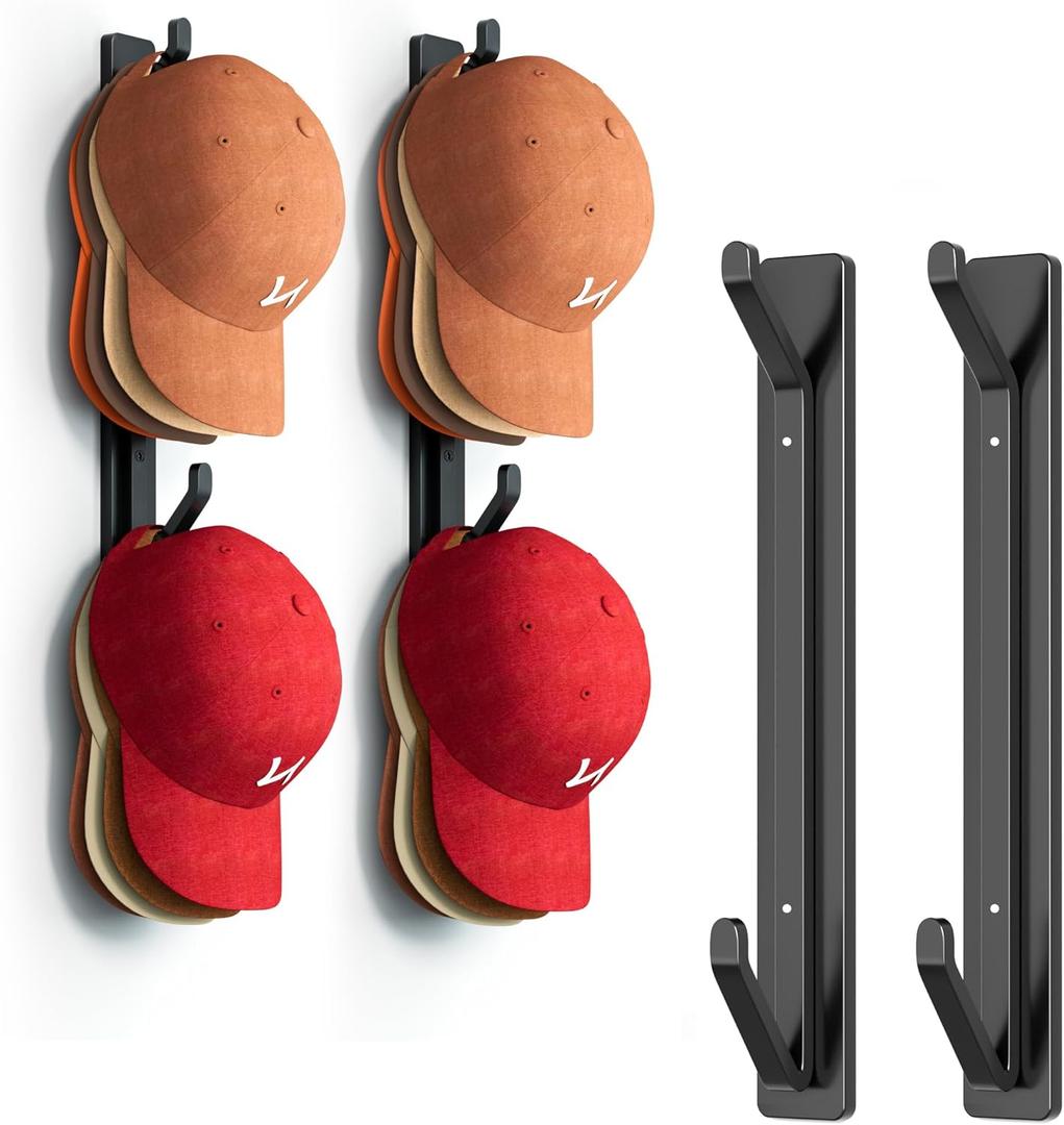 KEETDY Hat Rack for Wall Vertical Baseball Hat Storage Organizer Hold Up to 20 Snapbacks Ball Cap Storage Organizer Hooks with Strong Adhesive/Wall Drilled for Door, Bedroom, Closet, Pack of 2