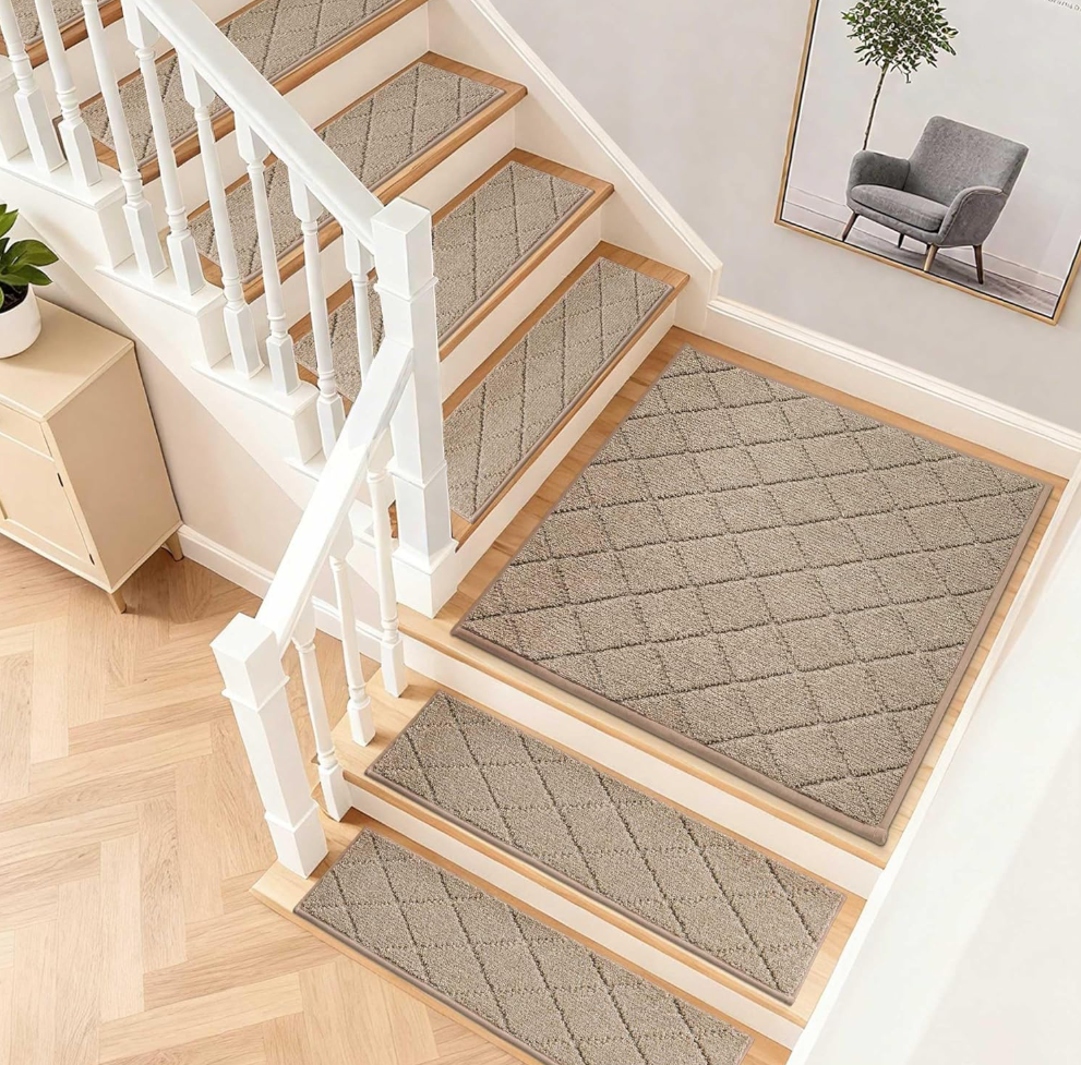 Non-Slip Stair Treads for Wooden Steps Indoor, 4 Pack 9" X 28" Edging Stair Carpet Mat with TPE Backing, 0.4" Thick Stair Runners for Kids Elders & Pets, 100% Polyester Stair Rugs, Beige