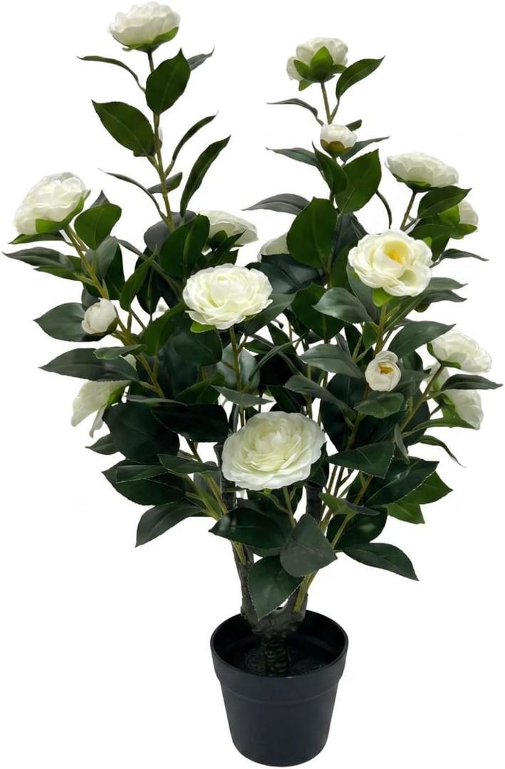 Home Decorative Tree Artificial Camellia Tree Faux Plant Potted Plant Dense Green Leaves and White Blossoms Space Saving Suitable for Living entryways 90cm