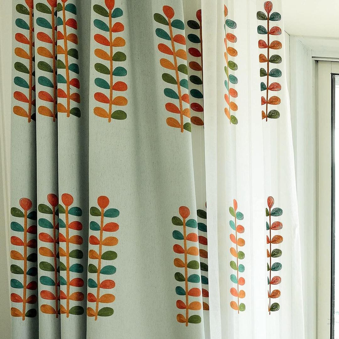 VOGOL Country Style Curtains for Bedroom, Leaf Embroidered Linen Textured Drapes for Living Room, Thermal Insulated Grommet Window Curtain for Bathroom, 59 x 79, 2 Panels, Blue (C1)