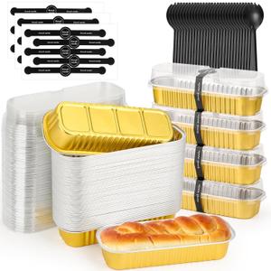 selizo 60 Pack 6.8oz Mini Loaf Baking Cake Pans with Lids, Rectangle Disposable Aluminum Foil Loaf Baking Pans, Small Baking Cake Tins Cup Cake Containers for Individual Cakes (Gold)