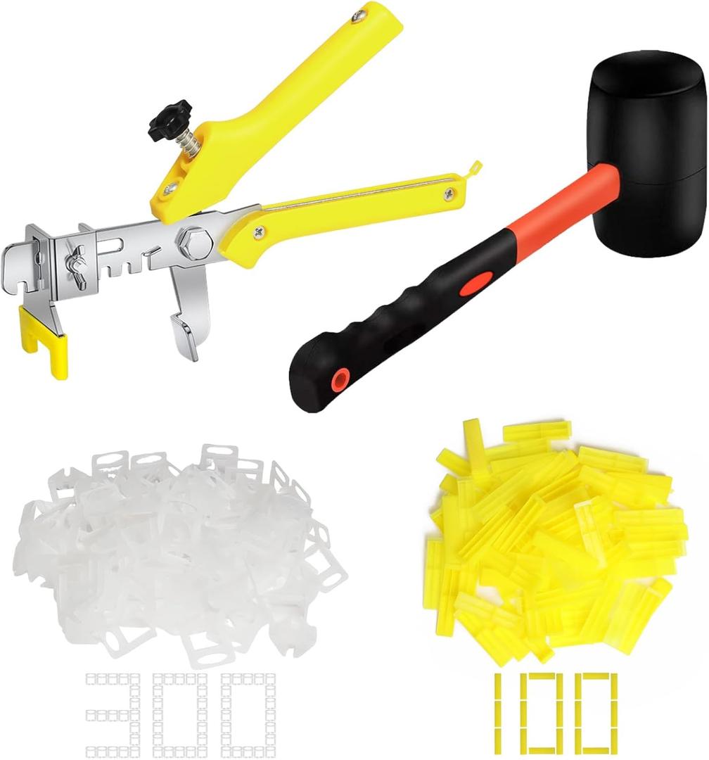 Storystore Tile Leveling System with Tile Pliers and Hammer - 300 Piece Tile Spacers Clips and 100 Piece Reusable Wedges, 1/16 Inch Tile Installation Tools Kit