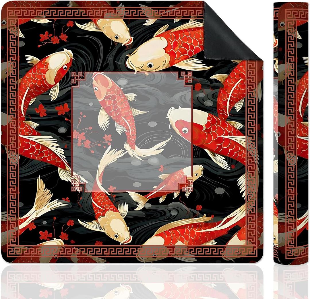 Red and Black Japanese Mahjong Mat for Table, Traditional Asian Red Koi and Cherry Blossom 31.5" x 31.5" Non-Slip & Noise Reduction Mahjong Mat for Poker Dominoes Cards & Board Games