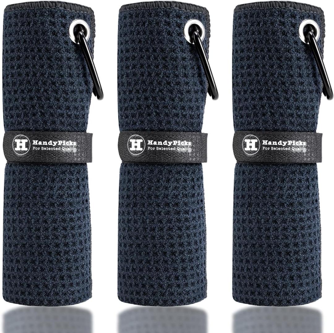 Handy Picks Microfiber Golf Towel (16" X 16") with Carabiner Clip, Waffle Pattern Golf Towel Hook and Loop Fastener - The Convenient Golf Cleaning Towel (Black)