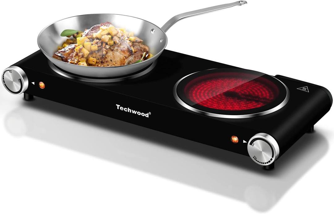Double Hot Plate, Techwood 1800W Electric Stove for Cooking, Infrared Ceramic Countertop Burner with Dual Adjustable Temperature & Glass Cooktop for Home/RV/Camp, Compatible for All Cookwares, Black
