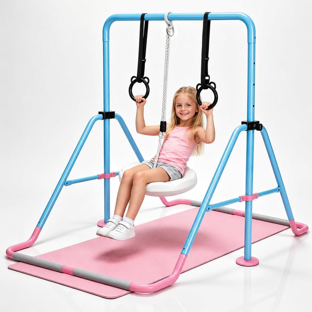Gymnastics Bar for Kids Ages 3+, Foldable Gymnastic Kip Bar with Mat, Swing & Rings, 5 Adjustable Heights 35-51 in, Stable A-Frame Horizontal Bar, 51*43*17