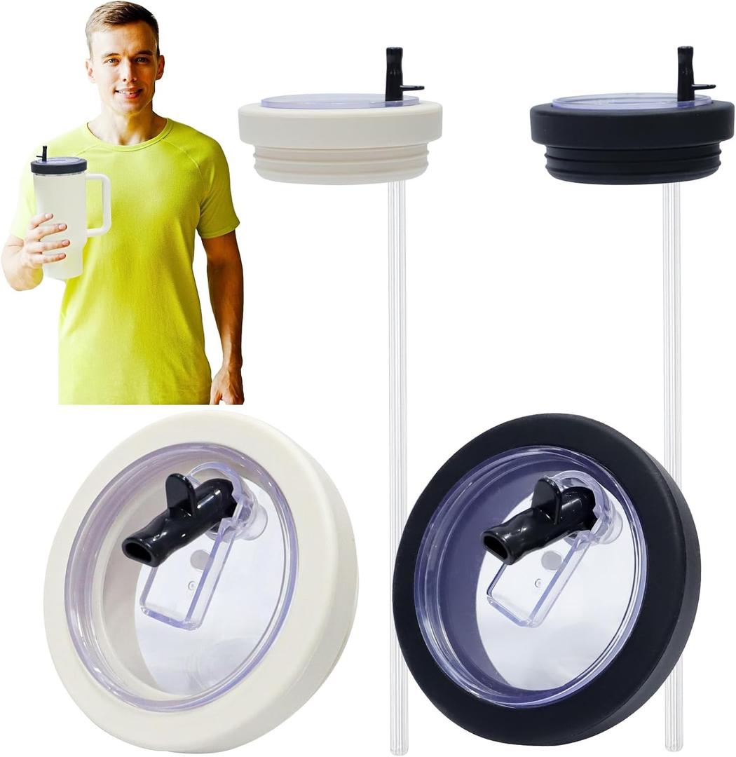 2PCS Flip Straw Replacement Lids for Stanley 40oz Tumbler, Leak-Proof and Spill-Proof Design, Compatible with Stanley Quencher 40oz Cup, Reusable Tumbler Cover Accessories(White & Black)