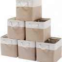 11 x 11 Inch Cube Storage Bins, 6 Pack Large Collapsible Fabric Storage Bin with Ropes, Foldable Storage Cubes for Home, Office, Clothes, Toys Organizer (White & Beige-11"x11"x11")