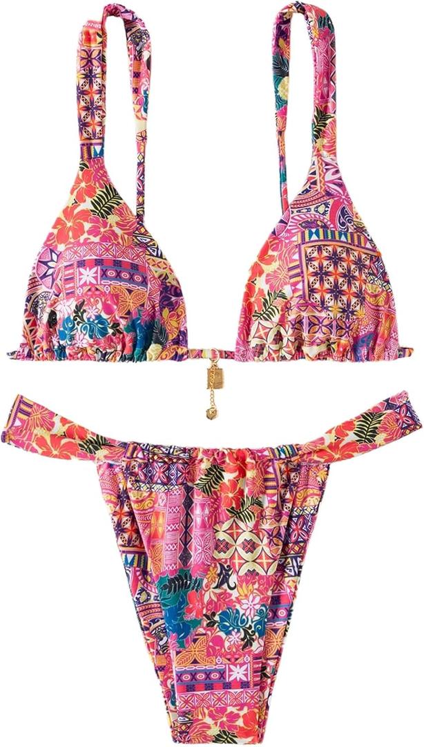 Women's 2 Piece Floral Tropical Print Bikini Set Boho Triangle Bathing Suit Tie Backless Swimsuit Sets (Deep Pink, XS)