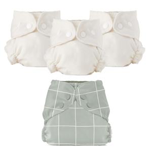 Esembly Cloth Diaper Bundle Set - 3 Organic Cotton Absorbent Inners and 1 Waterproof Outer Diaper Cover - Reusable, Washable, Snap Closure Cloth Diapers - Size 1 (7-17lbs), Lattice