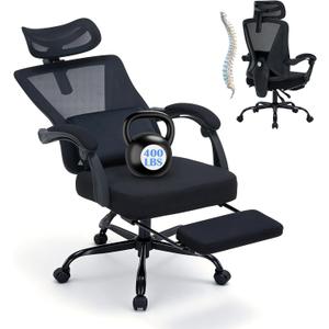 Ergonomic Office Chair with Footrest - Adjustable Lumbar Support & 3D Headrest, 90-160° Reclining Mesh High-Back Rolling Work Swivel Computer Chair-400lbs Capacity