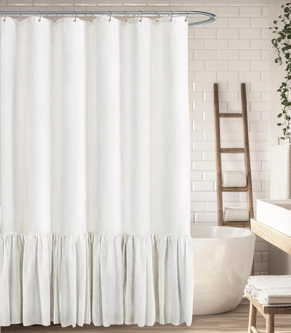 Farmhouse Shower Curtain with Ruffle Hem Linen White Shower Curtains for Bathroom Country Vintage Rustic Natural Fabric, 72" W x 96" L