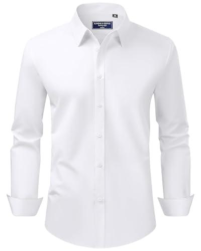 Alimens & Gentle White Button Down Shirt Men Regular Fit Stretch Stain Shield Long Sleeve Solid Party Wedding Shirts, White, Medium