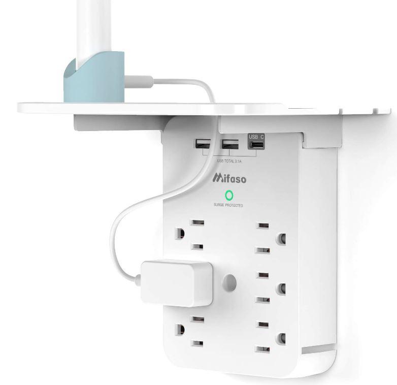 Wall Outlet Extender with Surge Protector, 6 AC Outlets, Shelf, 2 USB & USB C Charging Ports - Home & Dorm Plug Expander