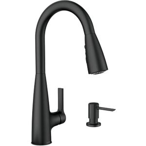 Moen Haelyn Matte Black Single-Handle Pull-Down Sprayer Kitchen Faucet Featuring Power Boost for a Faster Clean, Soap Dispenser Included, 87627BL