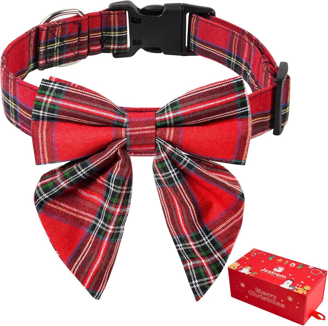 2 x Valentines Day Dog Collar with Bow,Adjustable Plaid Bow Tie with Box,Soft Breakaway Collars for Girl Boy Puppy Small Medium Large Dogs Pets, M