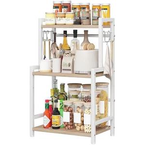 Kitchen Countertop Organizer, 3 Tier Large Spice Rack Organizer with Adjustable Shelf and 5 Hooks, Wooden Counter Organizer, Countertop Shelf Microwave Stand for Kitchen Coffee Bar, Light Coffee