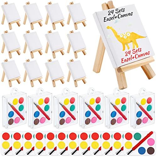 24 Sets Mini Paint Canvas Kit Mini Acrylic Art Party Favor Watercolor Painting Set with Panel Wood Easel Small Art Strips Palettes Brush Teacher School Classroom Reward Party Supplies Birthday Gift