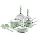 GreenPan Dover Healthy Ceramic Nonstick, 12 Piece Cookware Pots and Pans Set, PFAS-Free, Dishwasher Safe, Comfort Grip Handle, Pastel Green