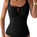 Aleumdr Womens Textured One Piece Swimsuit Tummy Control Bathing Suit Tie Knot Cutout Swimwear (Large, Black)