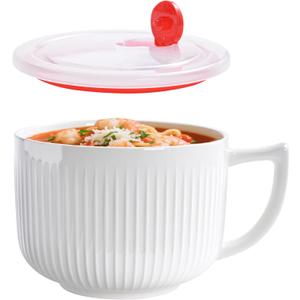 Ceramic Soup Bowl with Handle, Extra Large 38oz Ramen Bowl with Lid, Jumbo Soup Mug/Cup for Oatmeal, Cereals, Pasta, Noodle, Soup Container Meal-prep, Microwave & Dishwasher safe, 5.5 inch-White