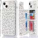 Cavor for iPhone 13 Case with Card Holder, for iPhone 13 Wallet Case for Women Men, Stand and Strap,Leopard Grain Shockproof Protective-White
