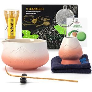 TEANAGOO 7 Pcs Matcha Whisk Set,Pink Matcha Set, Matcha Kit for Ceremony, Matcha Tea Set for Making Breakfast/Latte, Matcha Whisk and Pink Bowl with Scoop&Sifter, Gift for Matcha Lover (Ceremonial-grade Set, Gradient Pink White S1)
