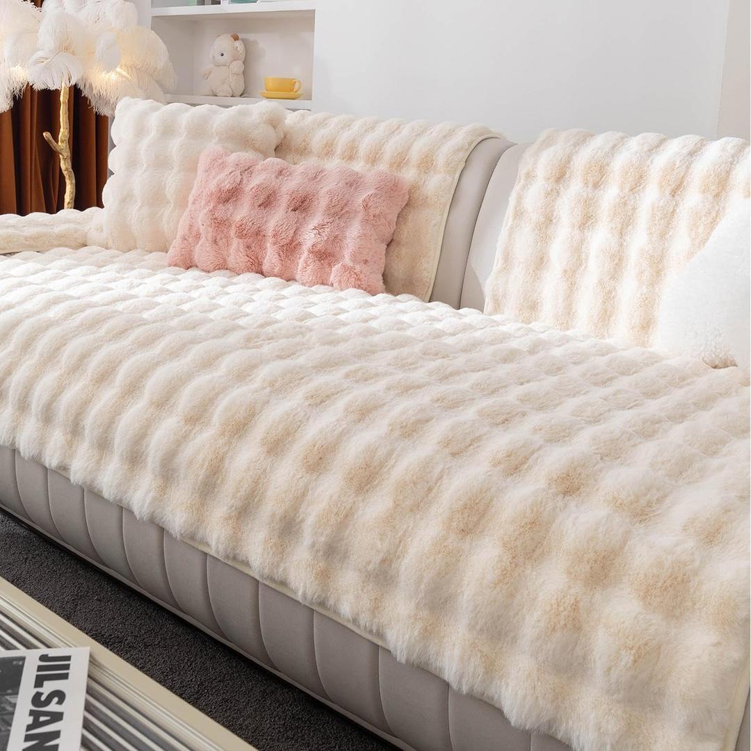 Faux Fur Couch Cover, Soft Warm Plush Sofa Couch Cover, Non Slip Sectional Sofa Slipcovers, Washable Furniture Protector for Kids, Dogs, L Shaped Armrest Backrest Cover(Beige White, 28"x 28")
