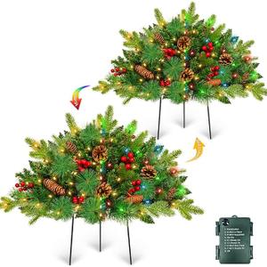 2 Pack 24" Lighted Outdoor Christmas Tree Urn Fillers with Timer 8 Mode Warm & Colorful Light Red Berries Pine Cones Battery Operated Tripod Stake Outdoor Light Up Planter Filler Porch Holiday Decor