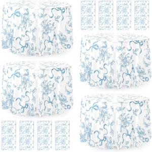 Ganeen 12 Pcs Blue Bow Floral Round Tablecloth 84 Inch Bow Plastic Round Table Cover Bows Theme Birthday Decor Disposable Waterproof Table Decoration for Birthday Wedding Baby Shower Party Favor