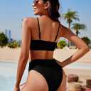YACUN Women's High Waisted Bikini Swimsuit Two Piece Strapless Bandeau Cheeky Bathing Suits (Black, L)
