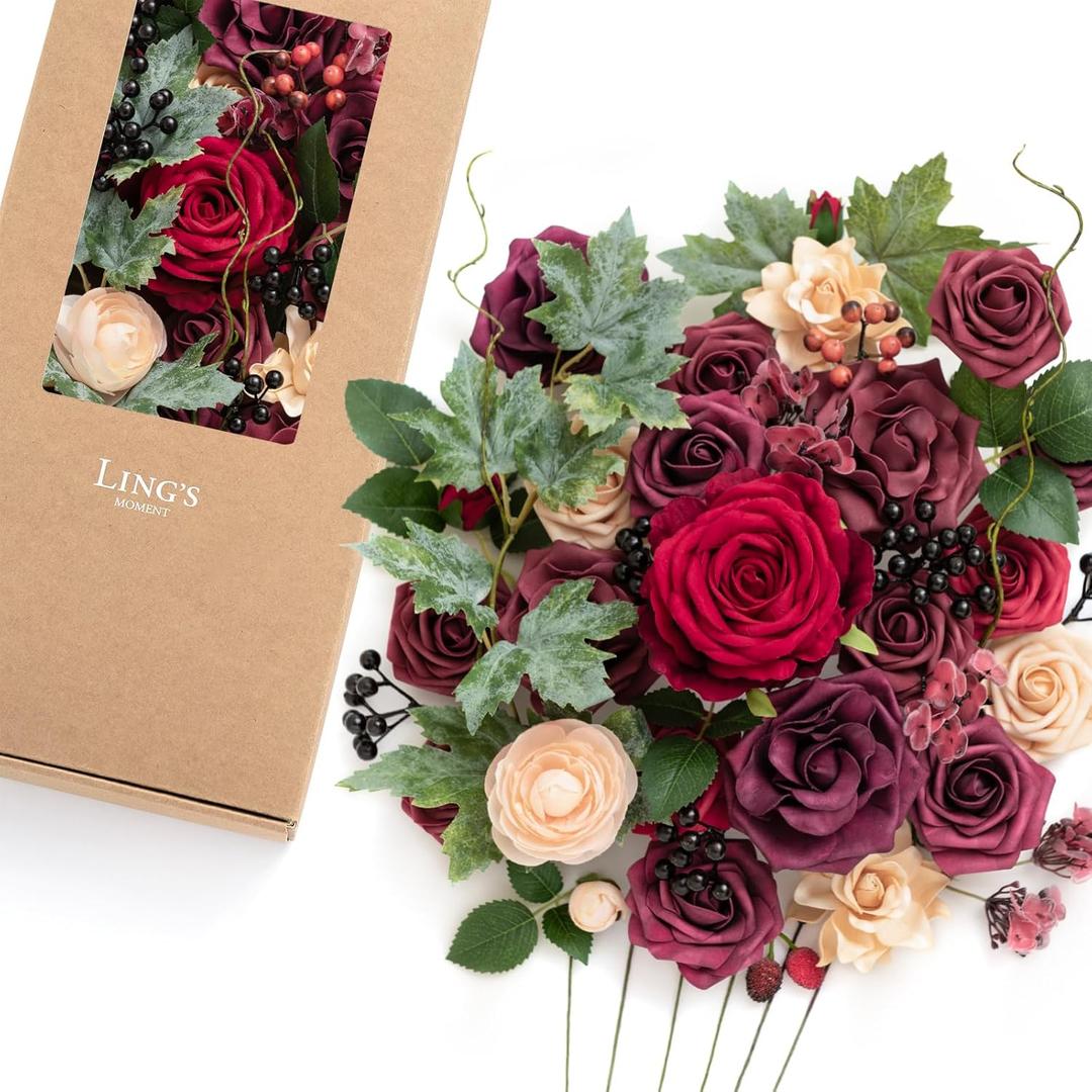 Ling's moment Fake Flowers Box, Faux Greenery Stems Silk Rose Artificial Ranunculus Foam Gardenia for Wedding Bouquets Centerpieces Table Decorations Floral Arrangement, Bordeaux Red, Deluxe Combo