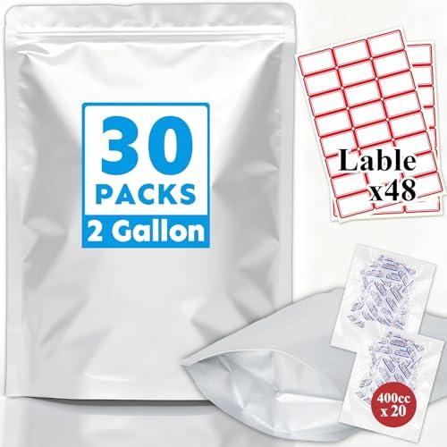 Cloudslucky Mylar Bags 2Gallon 30PCS 17"X13" for Food Storage with Oxygen Absorbers&Labels,10Mil Thick Resealable Zipper&Heat Seal Stand Up Pouches for Packaging Long Term,Dried Food,BPA Free