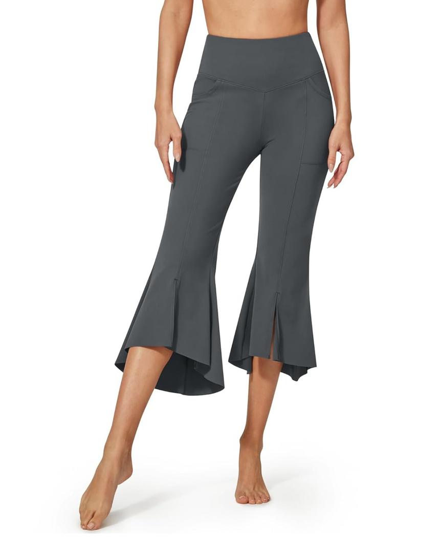 Capri Pants for Women Stretch Yoga Dress Pants with Pockets Ruffle Bell Bottom Athletic Work Leggings L