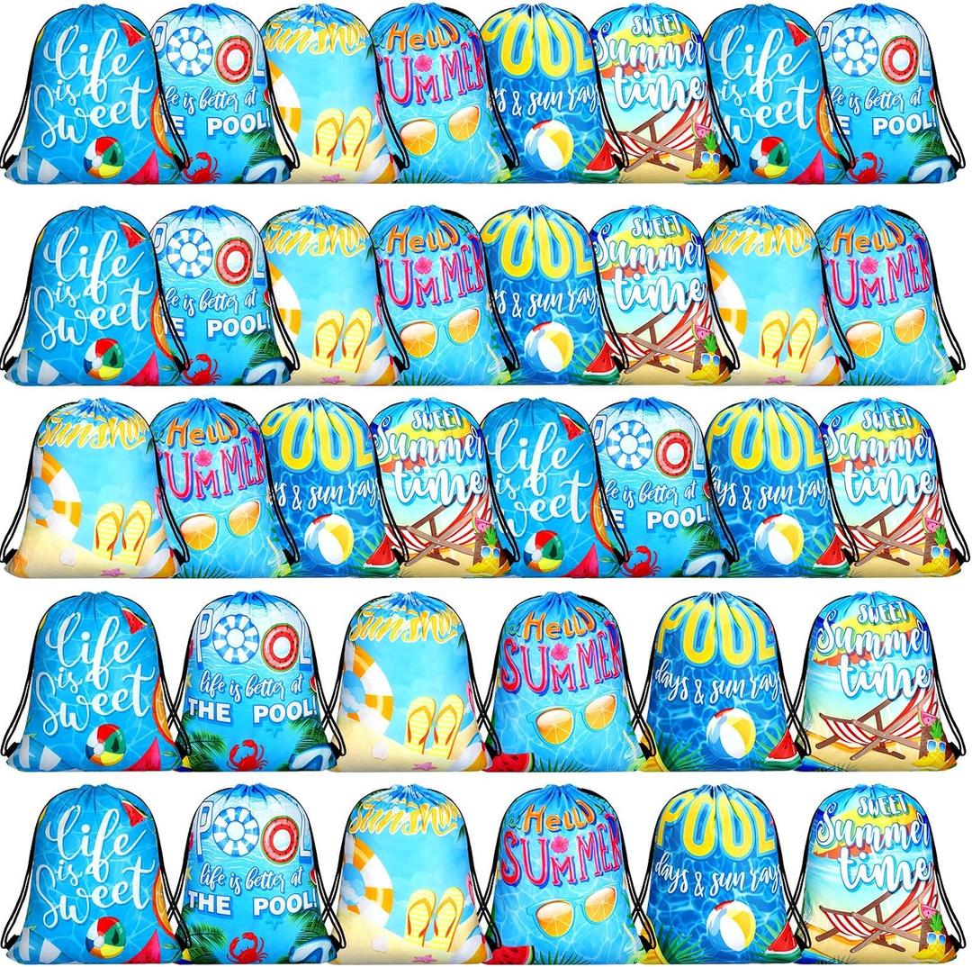 Shappy 36 Pieces Summer Pool Party Drawstring Bags Swimming Pool Party Favor Decoration Summer Goody Candy Treat Gift Backpack for Hawaiian Shower