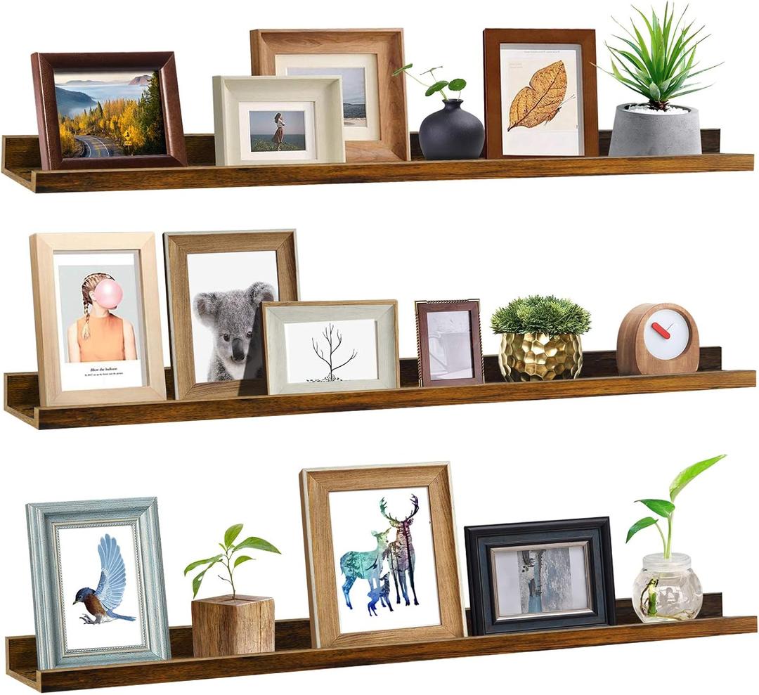 Giftgarden 47 Inch Long Floating Shelves for Wall, Rustic Picture Ledge Large Shelf for Living Room Bedroom Bathroom Kitchen, Set of 3 Different Sizes, Brown
