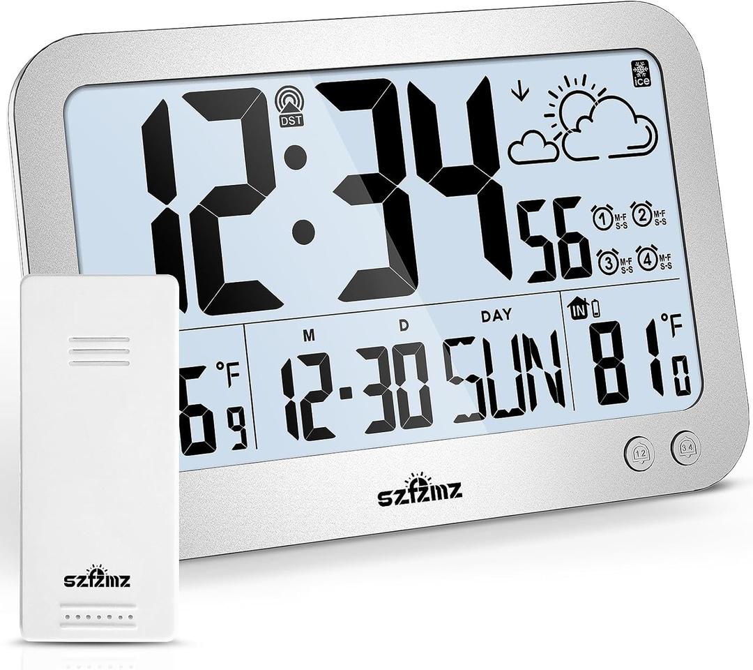 Atomic Clock, 10" Digital Clock Large Display, Wall Clocks Battery Operated with Backlight, Wireless Outdoor Sensor, Alarm Clock Indoor Outdoor Temp, 4 Time Zones, Auto DST, Clock for Bedroom (Sliver)