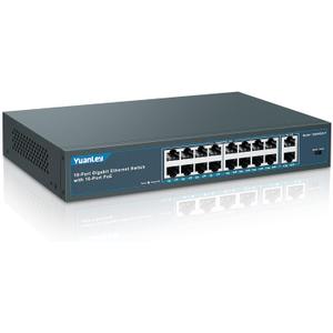 YuanLey 16 Port Gigabit PoE Switch with 2 Gigabit Uplink, 16 PoE+ Port 1000Mbps, 250W 802.3af/at, Metal Desktop/Rackmount, Unmanaged Plug and Play Network Switch