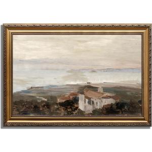 KBKBART Vintage Framed Wall Art for Living Room, Retro Muted European Coastal Prints Painting, Neutral Warm Tone Landscape Art Wall Decor, Gold Framed Oil Painting Canvas Artwork for Farmhouse Wall Decor, 16"x24"