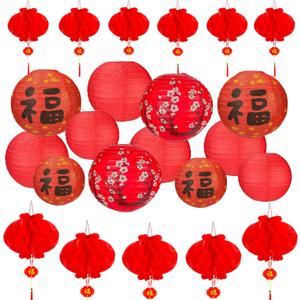 22Pack Chinese Lunar New Year Decorations 2026 Chinese Japanese Paper Lanterns 12in 10in 8in 6in Red Cherry Blossom Lucky Fu Lanterns for Spring Festival Asian Hibachi Home Restaurant Party Decor