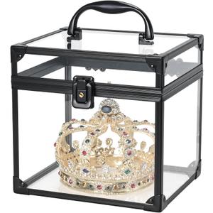 FRENESSA Portable Makeup Case Clear Crown Box Cosmetics Display Case Toiletry Organizer Box Transparent Acrylic Artists Train Case Travel Makeup Tools Storage for Vanity Bathroom Counter Dresser Case (Black)