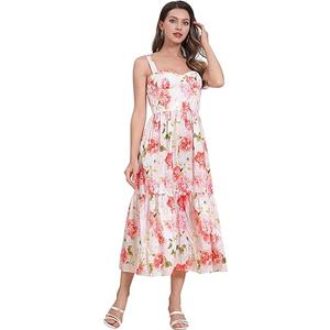 ABEHIK Women's Floral Corset Dress Spaghetti Strap Bustier Midi Dress Low Cut Flowy Pleated Hem Summer Dresses with Pockets, Medium