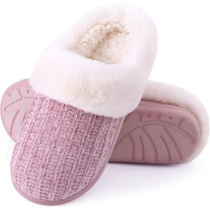 Evshine Warm Knit House Slippers for Women Comfy Wool-Like Lined Chenille Slippers with Memory Foam and Indoor Outdoor Soles (7-7.5, Pink)