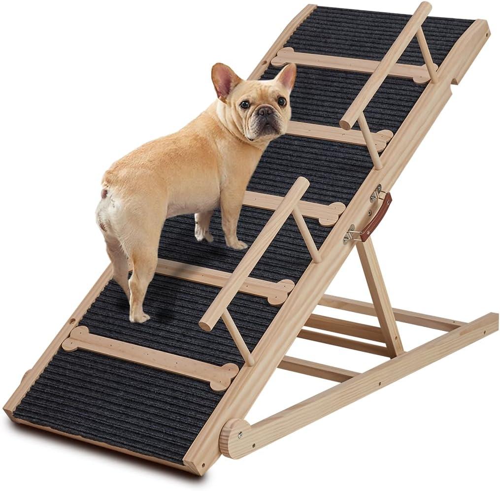 Dog Ramp for Bed, Adjustable Wooden Dog Bed Ramp, Dog Ramps for Small Large Dogs, 47 Long Pet Ramps with 6 Height from 15 to 28, Non-Slip Dog Ramps for High Beds/Couch