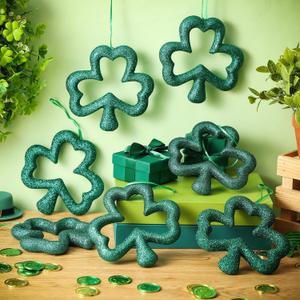 Roowest 12 Pcs Large St. Patrick's Day Shamrocks Ornament for Tree 3D Glitter Green Shamrock Hanging Ornament Wreath 5.9 Inch DIY Wreath for Irish Festival Front Door Tree Home Wall Window Decor