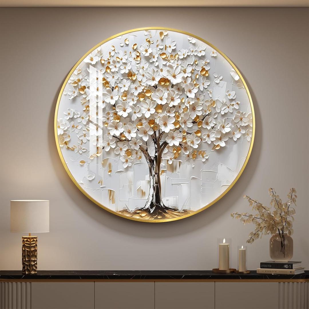 Large Framed LED Tree of Life Wall Art for Living Room, Modern Luxury Gold and White Floral Picture Artwork for Walls, Minimalist Lighted Wall Decor for Hallway, Dining Room, Bedroom, Office, 29.5"L x 29.5"W