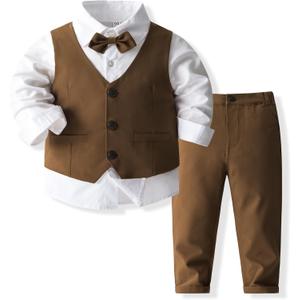 Boys 3Pcs Clothing Sets Cotton Long Sleeve Bowtie Shirts +Vest +Pants Casual Suit (4T, Brown)