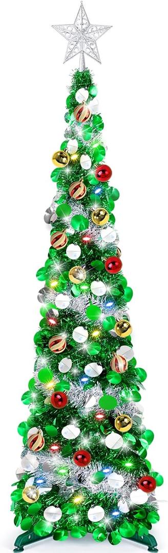 5 Ft Pop Up Tinsel Christmas Tree with Timer 60 Warm Multi Color Change Lights 15 Ball Ornaments 4 Modes 3D Star Battery Operated Artificial Xmas Tree Home Indoor Outdoor Decor (Green Silver)